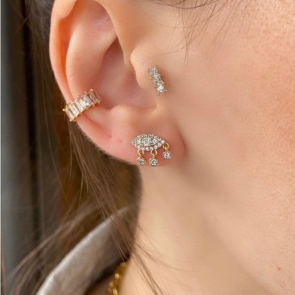 Stud Evil Eye with Drops Earrings 18k Gold Plated Luxury Jewelry - Picture 1 of 8